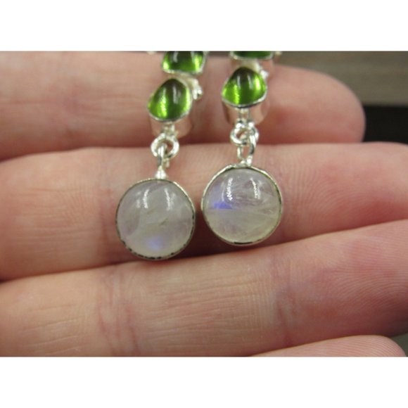 Sterling Silver Green Glass And Round Moonstone Earrings Vintage Wedding - Picture 3 of 7